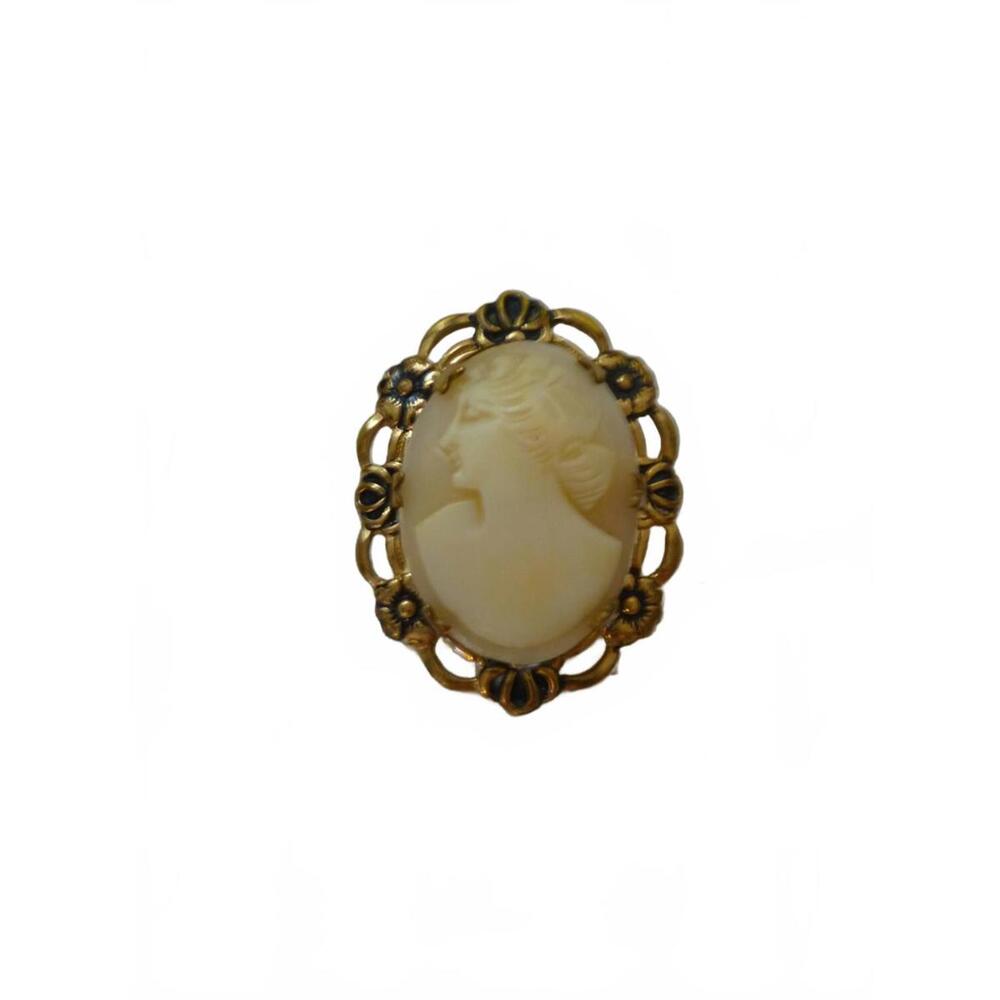 Antique Hand Carved Left Facing Shell Cameo Brooch in Gold-Tone Setting